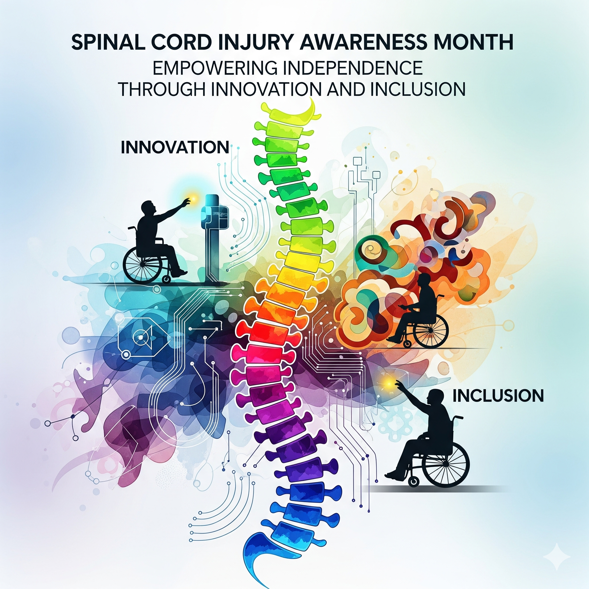 An abstract and colorful depiction of a human spine, rendered in a rainbow gradient, with circuit board patterns emanating from it. Silhouettes of people in wheelchairs are shown interacting with elements representing "INNOVATION" (a glowing panel) and "INCLUSION" (abstract, colorful shapes), symbolizing the theme "SPINAL CORD INJURY AWARENESS MONTH EMPOWERING INDEPENDENCE THROUGH INNOVATION AND INCLUSION."