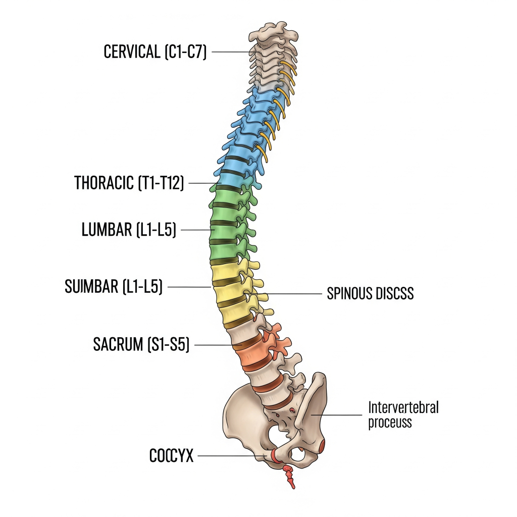 An anatomical illustration of a human spine, shown from the side, with each of the five main sections clearly color-coded and labeled. The sections are: Cervical (C1-C7) in blue, Thoracic (T1-T12) in green, Lumbar (L1-L5) in yellow, Sacrum (S1-S5) in orange, and Coccyx in red.