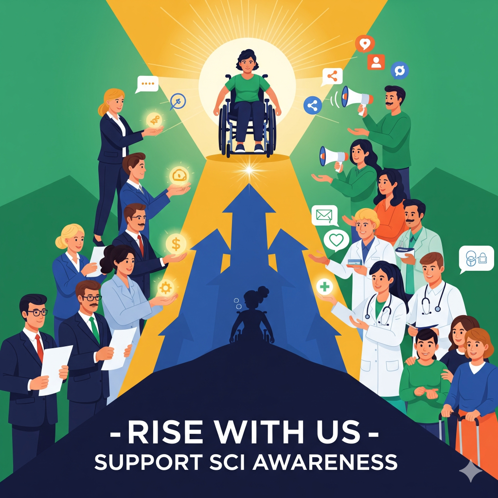 A powerful awareness poster for Spinal Cord Injury (SCI) Awareness Month showing diverse people united: leaders holding policies, business figures offering donations, community and faith groups supporting survivors, doctors and therapists giving care, and individuals raising their voices. At the center, a person in a wheelchair shines with light behind them, symbolizing hope and resilience. Text reads: “Rise With Us – Support SCI Awareness.”