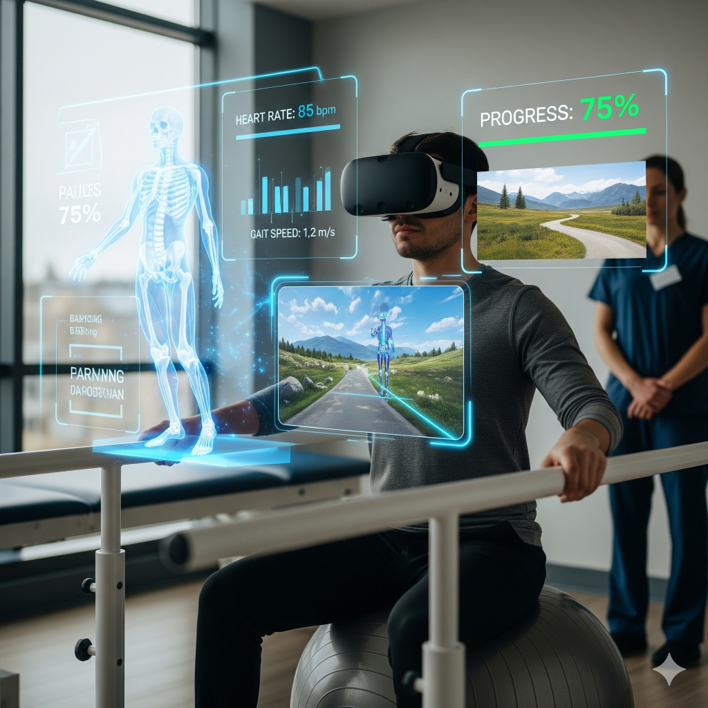 A person wearing a VR headset sits on an exercise ball, holding onto parallel bars in a rehabilitation setting. Holographic displays show real-time progress data, a skeletal overlay of their body, and an immersive virtual landscape of a path through mountains, emphasizing how innovative Virtual Reality (VR) rehabilitation technology is empowering individuals with spinal cord injuries