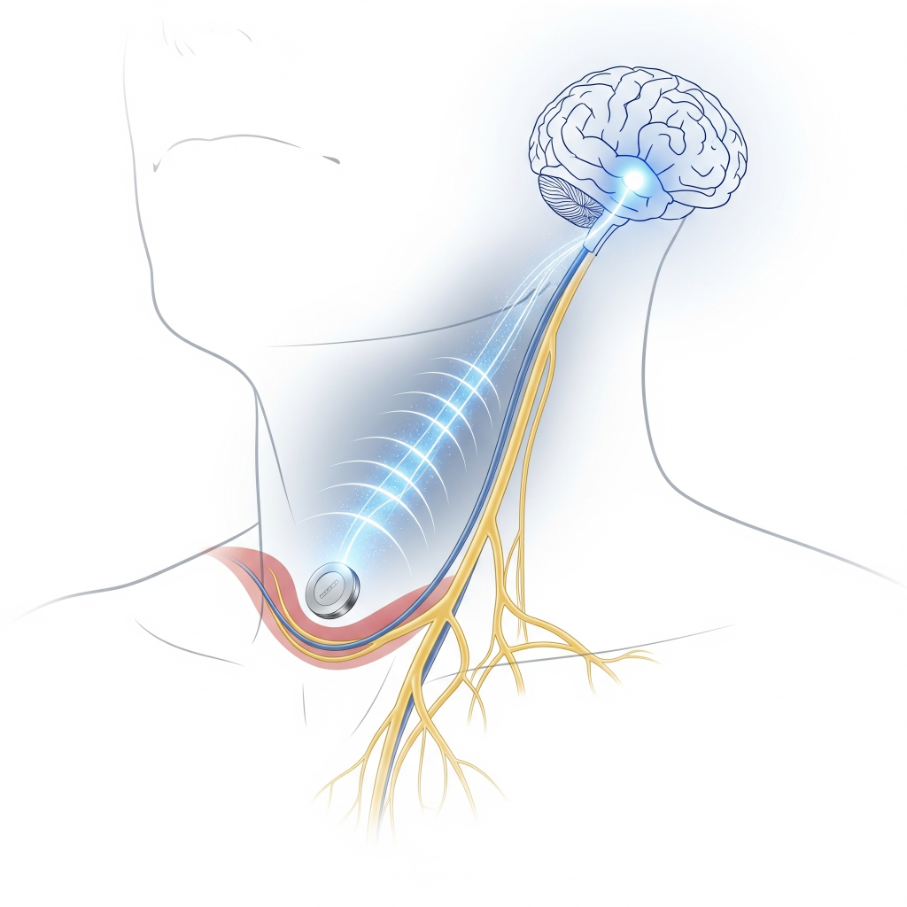 An illustration shows a small implanted device in the neck sending electrical impulses along the vagus nerve towards the brain, demonstrating Vagus Nerve Stimulation (VNS) as an innovative therapy for spinal cord injury (SCI) recovery.