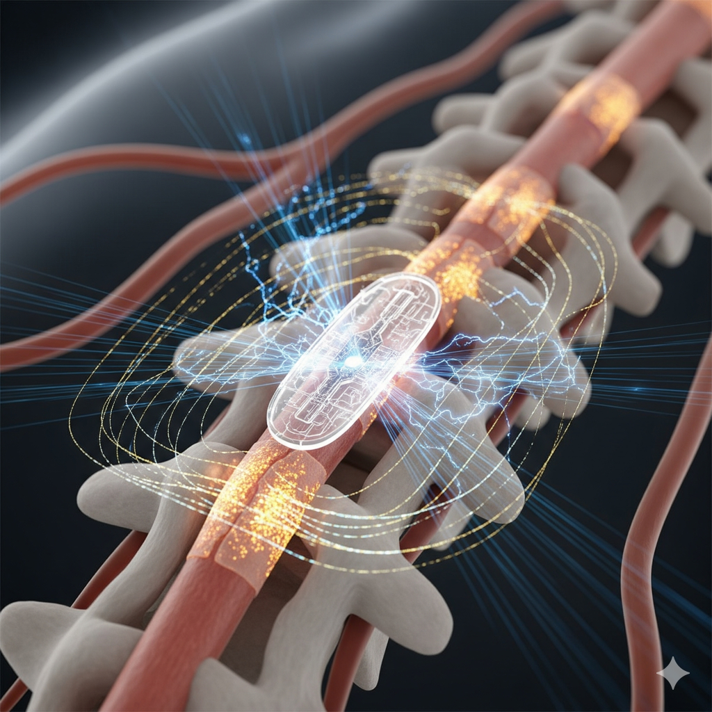 A conceptual image shows an ultra-thin implant delivering electrical fields to a damaged spinal cord, with glowing nerve pathways indicating healing. This represents an innovative electrical field treatment for spinal cord injuries (SCI), aiming to restore movement and sensation, potentially transforming patient care