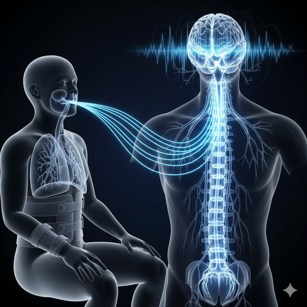 An illustration shows a person with a respiratory device stimulating nerves in their spinal cord and brain. This depicts an advanced breathing therapy for individuals with spinal cord injuries (SCI), aiming to improve respiratory function and enhance independence for patients