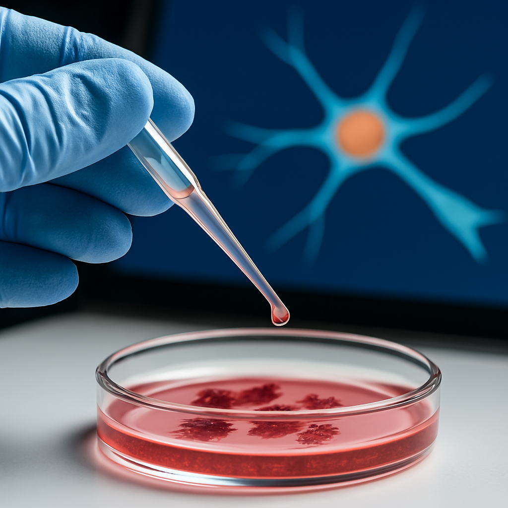 A gloved hand holds a pipette above a Petri dish containing red liquid and cell clusters, symbolizing stem cell transplantation. In the background, a glowing blue screen displays a neuron with branching dendrites and an orange cell body, representing spinal cord regeneration.