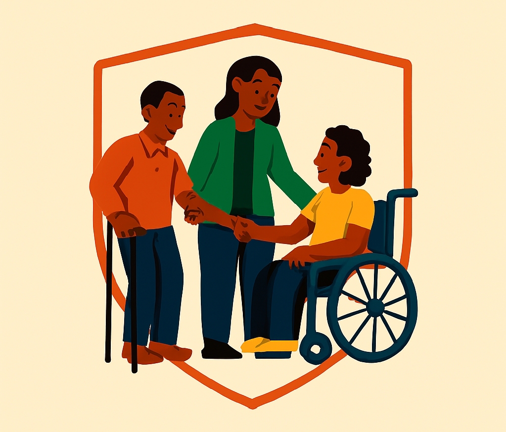 Three people—one using crutches, one standing, and one in a wheelchair—support each other inside a protective shield, symbolizing dignity and respect for persons with disabilities.