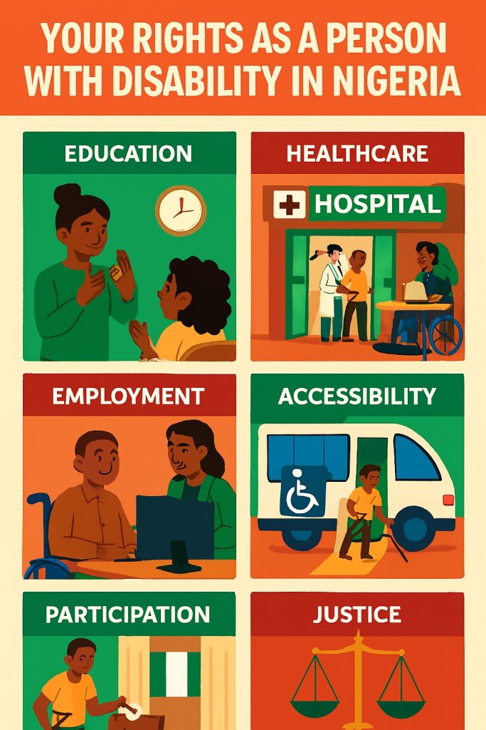 Infographic titled "Your Rights as a Person with Disability in Nigeria" featuring six illustrated panels
