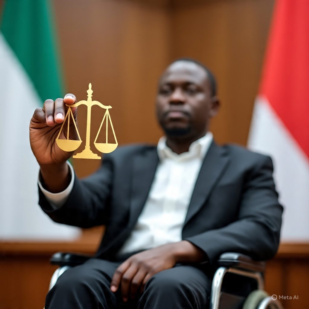 A Nigerian person with a disability holding a symbol of law, representing rights and justice in Nigeria.
