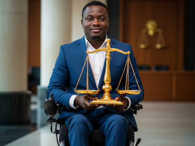 Nigerian man, a wheelchair user, in a blue suit and white shirt. He holds the scales of justice with a confident and knowing expression, signifying his advocacy and deep understanding of his rights within the legal system. The image is set in a modern, well-lit space, suggesting a desire for justice.